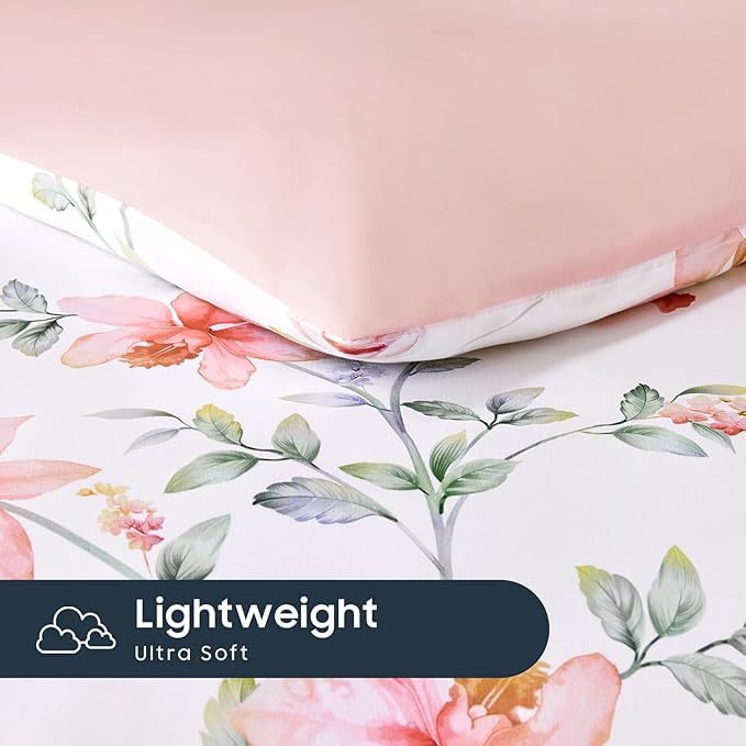 Wake In Cloud - Floral Comforter Set, Cottagecore Cottage Rustic Farmhouse Style with Botanical Flowers and Leaves Pattern, Soft Lightweight Bedding, 3-Piece, Pink White, Queen Size