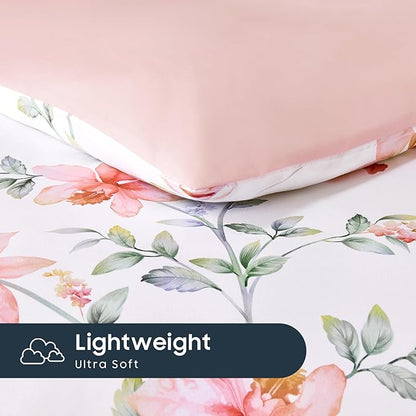 Wake In Cloud - Floral Comforter Set, Cottagecore Cottage Rustic Farmhouse Style with Botanical Flowers and Leaves Pattern, Soft Lightweight Bedding, 3-Piece, Pink White, Full Size