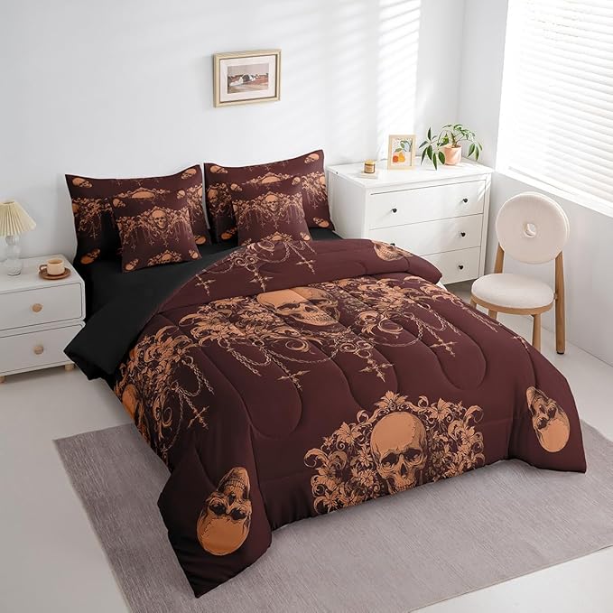 Erosebridal Gothic Bed in a Bag King Size Comforter Set 7 Pieces,Goth Sugar Skull Red Brown Damask Bedding Set,Bohemian Vintage Floral Comforter and Sheet Set,Exotic Antique Victorian Baroque Decor