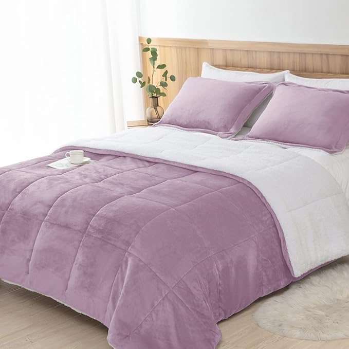 Seward Park Lavender Purple Fuzzy Sherpa Comforter Set King Size, All Season Fleece Fall Blanket for Girls, Soft Warm Winter Bedding Sets with 2 Pillow Shams