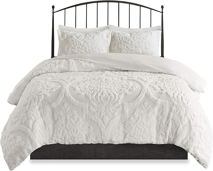 Madison Park Tufted Chenille Cotton Comforter, All Season Bedding Set, Matching Shams, Viola, Damask Off White Full/Queen(90"x90") 3 Piece