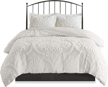 Madison Park Tufted Chenille Cotton Comforter, All Season Bedding Set, Matching Shams, Viola, Damask Off White Full/Queen(90"x90") 3 Piece