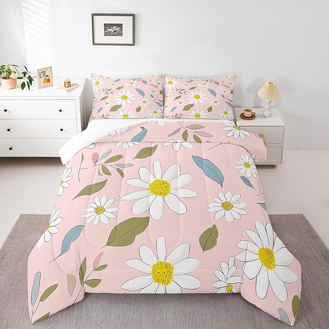 Manfei White Daisy Comforter Set Twin Size, Flower Leaves Bedding Set 2pcs for Kids Boys Girls Bedroom Decor, Botanical Floral Print Quilt Set Soft Polyester Duvet Set with 1 Pillowcase