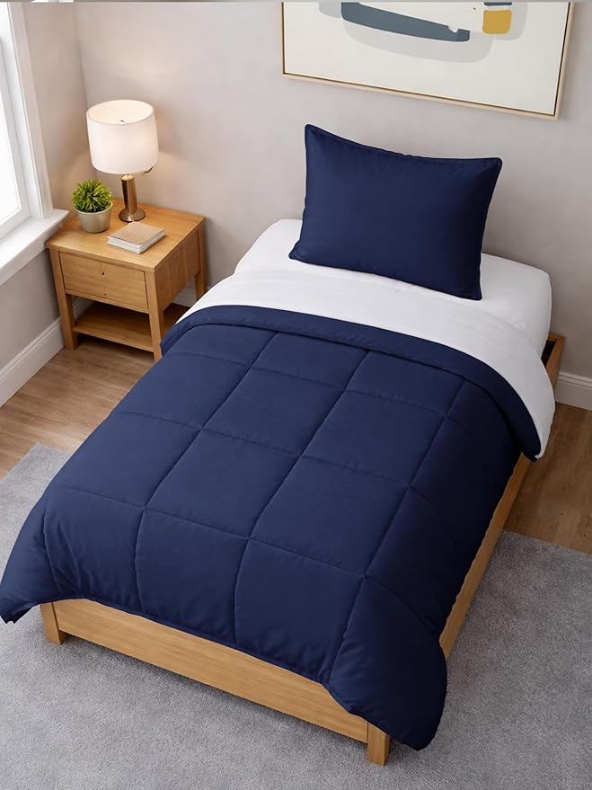Twin Comforter Set - 2 Piece Bed Set for All Seasons - 1 Soft Quilted Comforter with Corner Tabs & 1 Pillow Sham - Comfy, Cozy & Breathable - Premium Down Duvet Insert, Oeko-TEX - Twin Size, Navy Blue