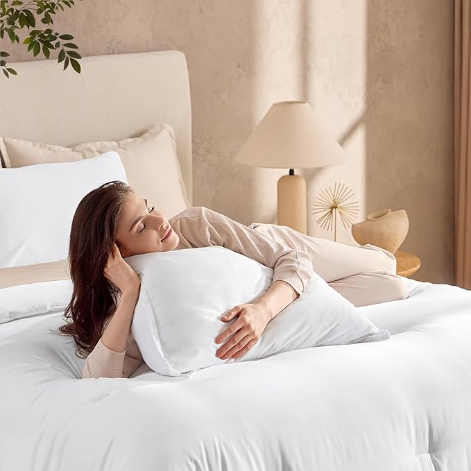 Andency White Twin XL Size Comforter Set, 2 Pieces Boho Solid Bedding Sets, All Season Soft Lightweight Fluffy Bed Set for Kids, Girls, College Dorm (68×92Inch Comforter & 1 Pillowcase)