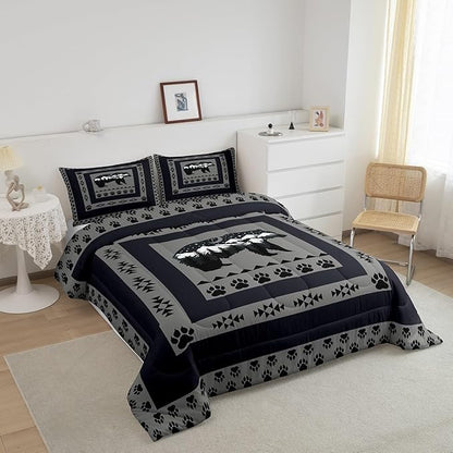 Feelyou Western Rustic Bear Comforter Set Twin Size, Moon Bear Quilt Set with 1 Pillowcases, Wild Animal Hunting Theme Bedding Set 2 Pcs Kids Boys Teens Room Decor, Rustic Cabin Country Duvet Insert