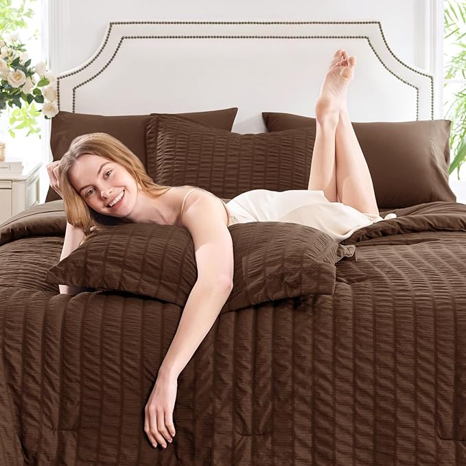 CozyLux Twin Comforter Set with Sheets 5 Pieces, Brown Seersucker Textured Bed in a Bag, Luxury Soft Bedding Set with Down Alternative Comforter, Sheets, Pillowcases & Shams for All Seasons