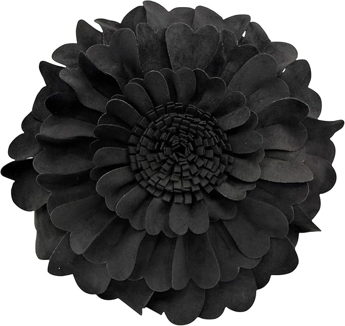 Contempo Lifestyles 13 Inch Black 3D Round Heart Floral Throw Pillow - Soft & Snuggly Suedette Polyester Fill - Decorative Accents, Gifts