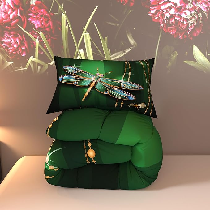 Dragonfly Comforter Sets for Kids Adults,3D Pattern with Bright Dark Green Colors,Decorative Bedding Comforter Sets with 2 Pillow Shams, Queen Size