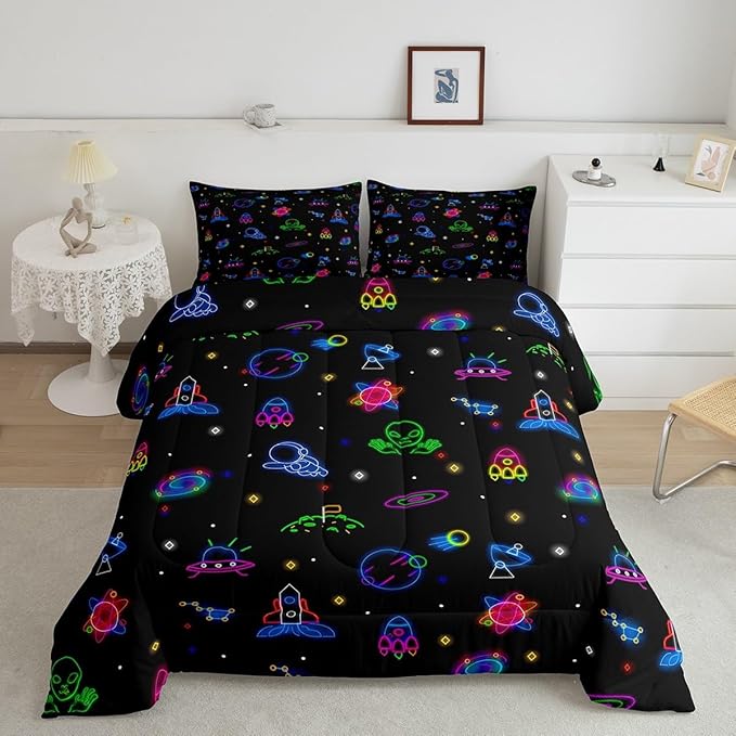 jejeloiu Galaxy Astronaut Duvet Cover King Size Glitter Outer Space Bedding Set for Kids Boys Girls Solar System Comforter Cover Set Nebula Bedspread Cover 3Pcs