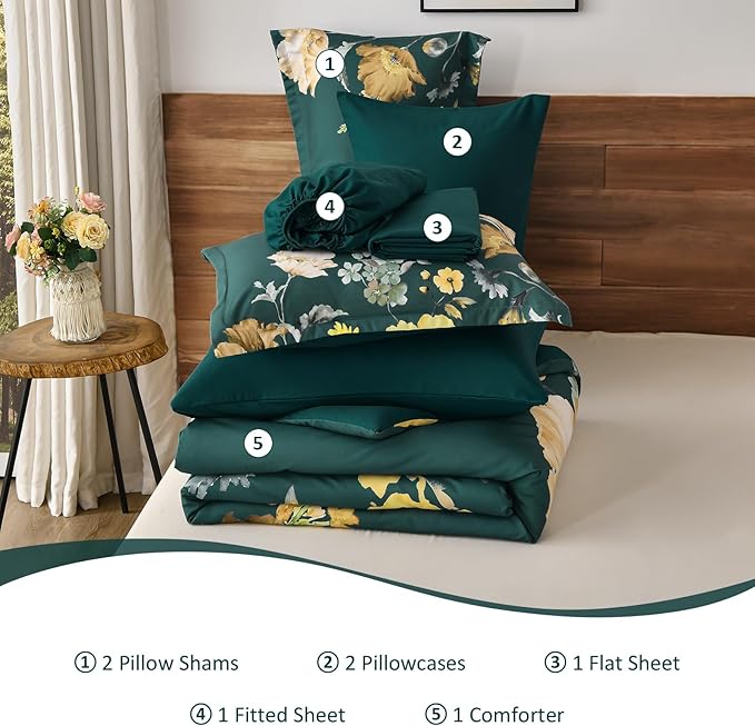 DJY Floral Comforter Set King Size 7 Pieces Teal Green Floral Bed in a Bag with Flower Leaves Pattern, Soft Microfiber Botanical Comforter and Sheet Set All Season Bedding Set(104''x90'')