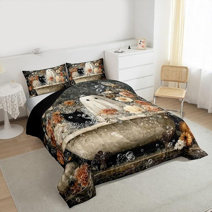 Erosebridal Halloween Vintage Ghost Queen Comforter Set, Boho Floral Boho Bathtub Bedding Set for Kids Boys Girls Halloween Bedroom Decor, Mystical Ghost Cat Comforter, Spooky Bubble Bath Art Quilt