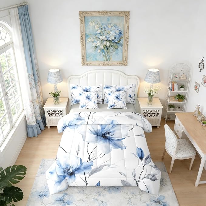 Erosebridal Blue and Grey 7 Piece Bedding Set Full,Boho Watercolor Floral Comforter Set | Ink Painting Style Blossom & Leaf Bed in A Bag with Flat and Fitted Sheet for Chic Artistic Elegant Bedroom
