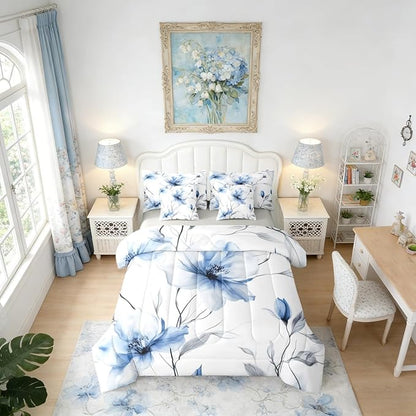 Erosebridal Blue and Grey 7 Piece Bedding Set Full,Boho Watercolor Floral Comforter Set | Ink Painting Style Blossom & Leaf Bed in A Bag with Flat and Fitted Sheet for Chic Artistic Elegant Bedroom