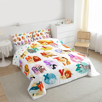 Alphabet Bedding Set for Kids Room Decor Cute Cartoon English Alphabet Comforter Set for Child Boys Girls,Animal ABC Fish Pattern Duvet Insert Ocean Sealife 26 Letters Bedroom Decor Queen Size