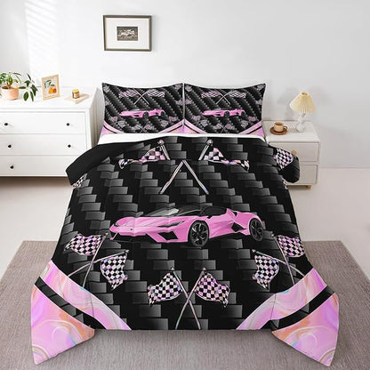 jejeloiu Pink Race Car Bedding Set Toddle Size Extreme Sports Comforter Set for Kids Teens Adult Fast and Furious Duvet Set Dazzling Flag Quilt Set 2Pcs