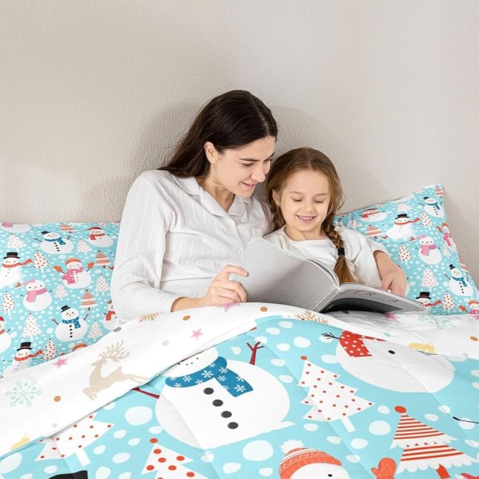 Cute Snowman Comforter Set King Size Cartoon Christmas Tree Bedding Set 3Pcs Red White Dots Print Theme Quilt Set for Kids Girls Boys Room Decor Watercolor Blue Duvet Insert,2 Pillowcases
