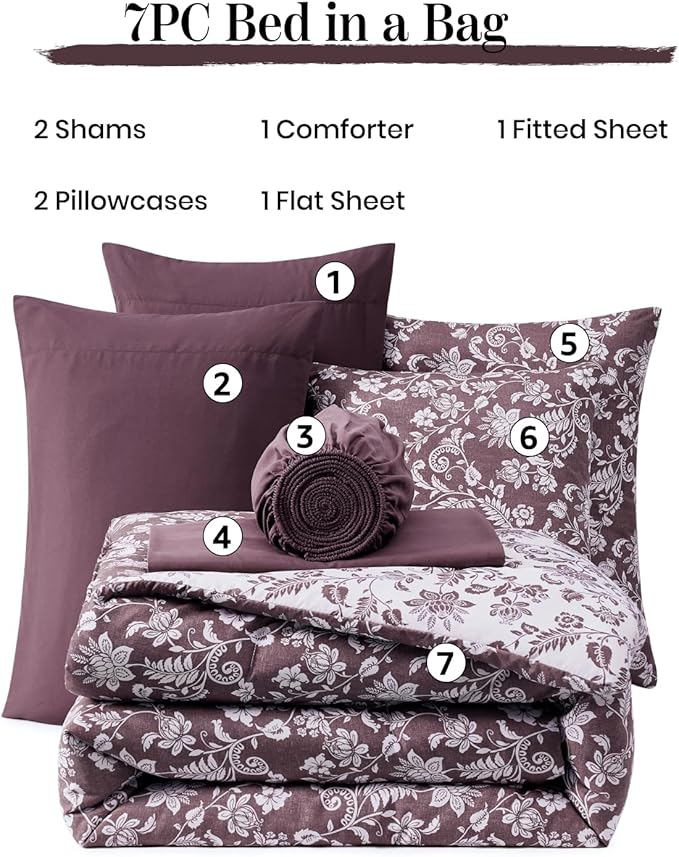 King Comforter Set -7 Pieces Floral Dark Purple Comforter Set for All Seasons, Bed in a Bag King with Botanical Flowers Comforter, Sheets, Pillowcases & Shams