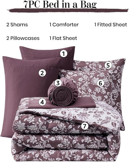 Full Comforter Set -7 Pieces Floral Dark Purple Comforter Set for All Seasons, Bed in a Bag Full with Botanical Flowers Comforter, Sheets, Pillowcases & Shams