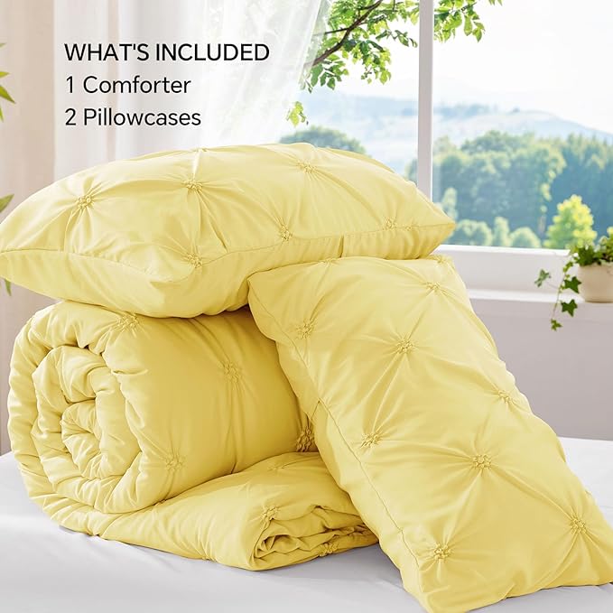 BEDELITE Light Yellow Queen Comforter Set - 3 Pieces Boho Pintuck Bedding Comforter Sets, Lightweight Soft & Warm Bed Comforter Queen with 2 Pillowcases for All Season