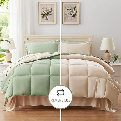 Anluoer Queen Comforter Set 7 Piece, Sage Green Bed in a Bag with Sheets, All Season Bedding Comforter Sets with 1 Comforter, 2 Pillow Shams, 2 Pillowcases, 1 Flat Sheet,1 Fitted Sheet