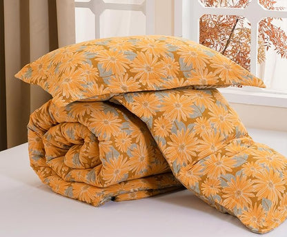 SLEEPBELLA Washed Double Layer Muslin 100% Cotton Comforter Set King Size, Yellow & Blue Sunflower Pattern Fluffy Thick Checked Bedding Set, Soft Breathable (1 Comforter, 2 Pillow Shams)