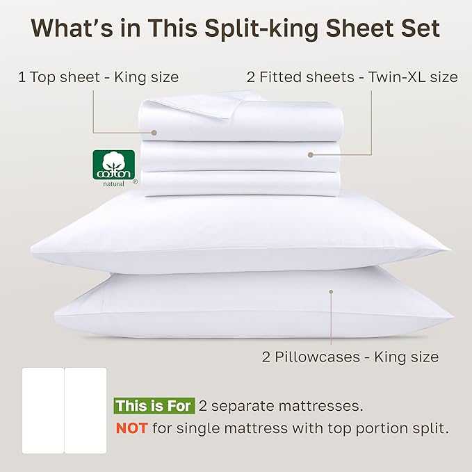 California Design Den Split King Sheets Sets for Adjustable Bed - 1000 Thread Count Sateen, Thick and Natural 100% Cotton Bed Sheets, Deep Pockets, Durable Bedding Set - White
