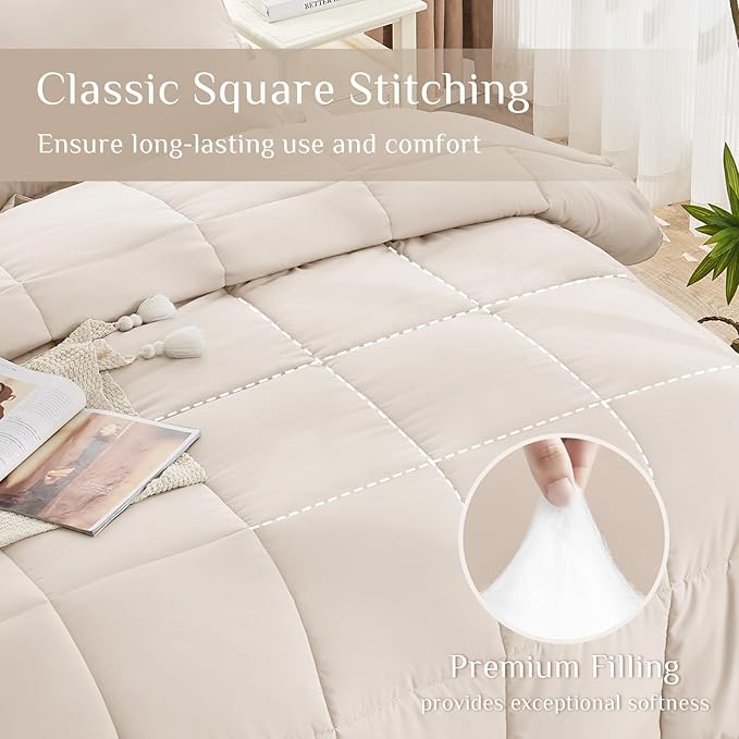 JOLLYVOGUE California King Comforter Set, Ultra-Soft Bed in a Bag Cal King Size 7 Pieces, Oeko-TEX Certified Bedding Set with Down Alternative Comforter, Sheets, Pillowcases & Shams, Beige
