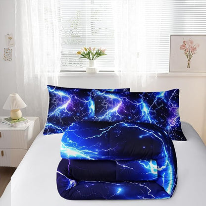 Blue Lightning Comforter Set Full Size Bed in A Bag,Lightning Bedding Set for Teen Adult Blue Room Decor Ultra-Soft Lightweight Microfiber with 2 Pillowcases