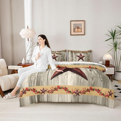 Erosebridal Western Texas Star 7 Pieces Bedding Set Queen Size Retro Farmhouse Barn Comforter Set for Teens Kids Bedroom Terracotta Star Print Comforter with Sheets Rustic Vintage Grain Duvet Insert
