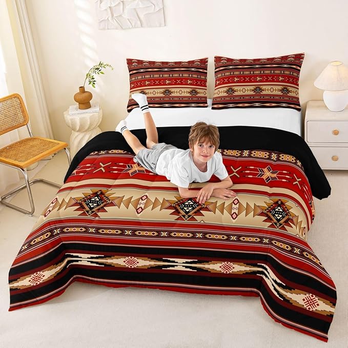 Aztec Bedding Set Ethnic Tribal Arrow Queen Comforter Set,Vintage Southwestern Native Bohemian Quilt,Western Star Duvet Insert Exotic Geometric Diamond Stripes Room Decor,Red and Black