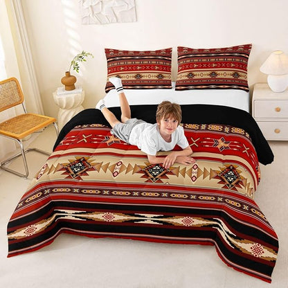 Aztec Quilt Ethnic Tribal Arrow Comforter Set,Retro Southwest Native Bohemian Bedding Set King,Western Star Geometric Sriped Duvet Insert African Tribe Exotic Nordic Style Boho Decor,Red and Black