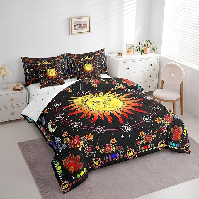 Feelyou Sun Moon Bed in a Bag with Comforter, Queen Size 7Pcs Galaxy Bedding Set with Comforter, Boho Exotic Comforter Women Men Teens Ultra Soft Decor Astrology Space Room Decor