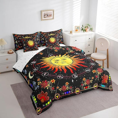 Feelyou Sun Moon Bed in a Bag with Comforter, King Size 7Pcs Galaxy Bedding Set with Comforter, Boho Exotic Comforter Women Men Teens Ultra Soft Decor Astrology Space Room Decor
