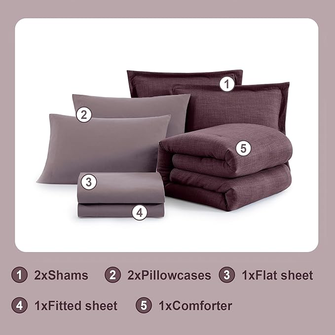 Geniospin Purple King Comforter Set - 7 Pieces Egglant Comforter King Size, Soft Solid Bedding Set for All Season, Textured Bed in a Bag with Sheets