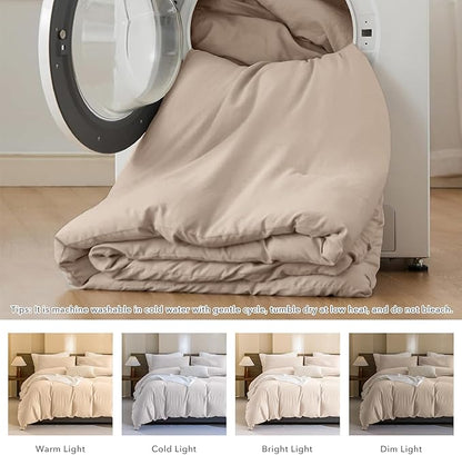 CozyTide Cotton Queen Comforter Set,Solid Lightweight Fluffy Beige Khaki Bedding Comforters & Sets Vintage Aesthetic Queen Bedding Set for All Season