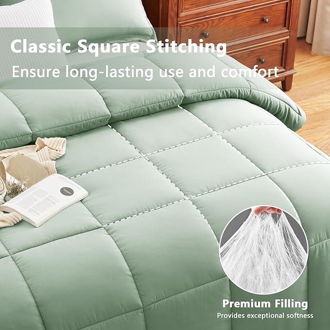CozyLux Queen Comforter Set - Sage Green Comforter Queen Size, 3 Pieces Box Stitched Bed Set for All Seasons, Soft Lightweight Bedding Sets with 1 Down Alternative Comforter and 2 Pillow Shams