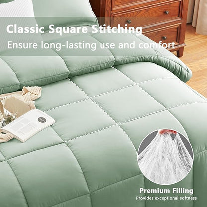 CozyLux Queen Comforter Set - Sage Green Comforter Queen Size, 3 Pieces Box Stitched Bed Set for All Seasons, Soft Lightweight Bedding Sets with 1 Down Alternative Comforter and 2 Pillow Shams