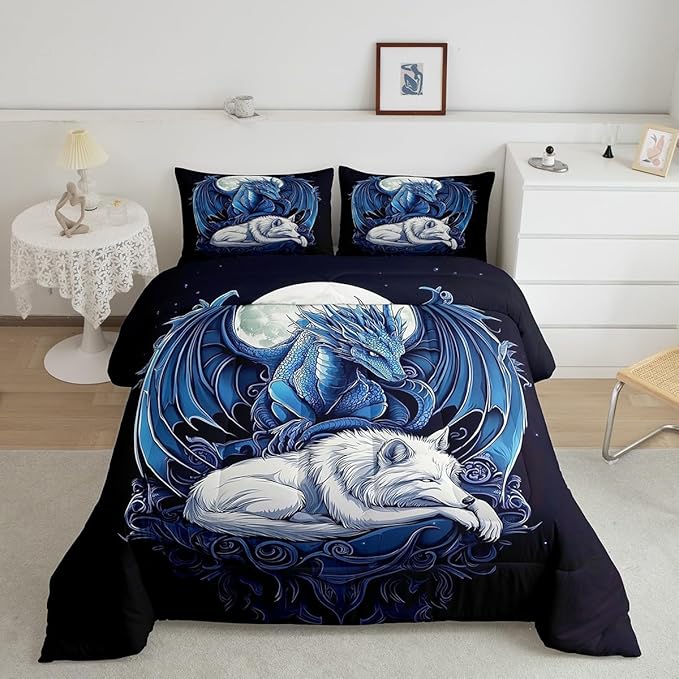 Erosebridal Dragon Comforter Set Toddler Size for Boys, Wolf Animals Bedding Set, Tribal Exotic Wildlife Down Comforter for Boys Adult Men Room, Moon Starry Sky Quilt, Black Blue