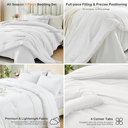 Twin Comforter Set 5 Pieces - Ultra-Soft Bed in a Bag Twin Size, Cozy Luxury All Season Bedding Sets with Comforter, Flat Sheet, Fitted Sheet, 1 Pillow Shams & 1 Pillowcases, White