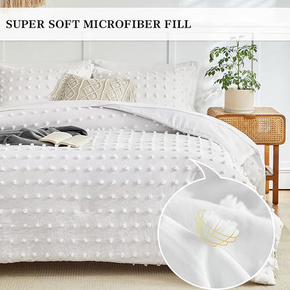 6 Pieces Tufted Dots Bed in a Bag Twin Comforter Set with Sheets White , Soft and Embroidery Shabby Chic Boho Bohemian Comforters, Solid Color with Pom Pom Design, Jacquard Tufts Bedding Set for Kids
