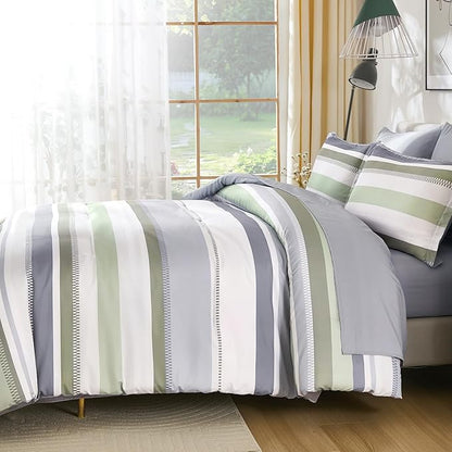 WONGS BEDDING Sage Green Comforter Queen Size Set, 7 Pieces Bed in a Bag Sage Green and Grey Comforter Set, Soft Boho Striped Bedding Sets with Sheets, Pillowcases & Shams