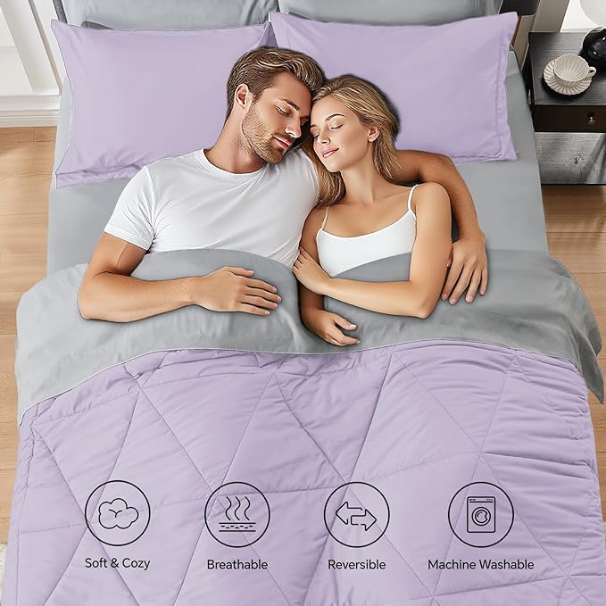 BEDELITE King Size Comforter Set 7 Pieces Bed in A Bag - Soft Microfiber Reversible Lavender Bed Set with Comforters, Sheets, Pillowcases & Shams, Cozy Luxury Bedding Sets for All Season