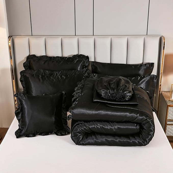 Satin Comforter Set with Sheet Set Queen 8 Pieces Silk Like Black Bedding Silky Ruffle Pattern Luxury Silky Comforter Set with 1 Cushion Cover