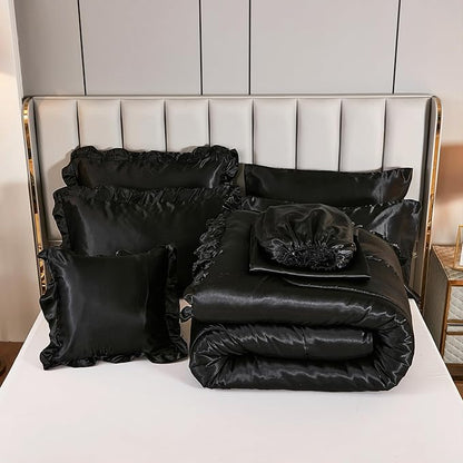 Satin Comforter Set with Sheet Set Queen 8 Pieces Silk Like Black Bedding Silky Ruffle Pattern Luxury Silky Comforter Set with 1 Cushion Cover