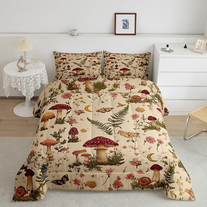 Erosebridal Wild Mushroom Butterfly Flower Bedding Set, Boho Mushroom Moth Comforter Set Full for Kids Girls Boys Teens Adults, Spring Blossom Comforter, Natural Wild Fungus Quilt 3 Piece