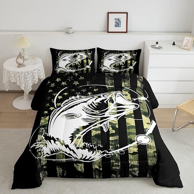 Bass Fishing Comforter Set - Big Pike Fish Camo Bedding for Boys Teens Men - Farmhouse Decor Duvet Insert Army Camouflage American Flag Quilt - Fisherman Hunting Bedspread King