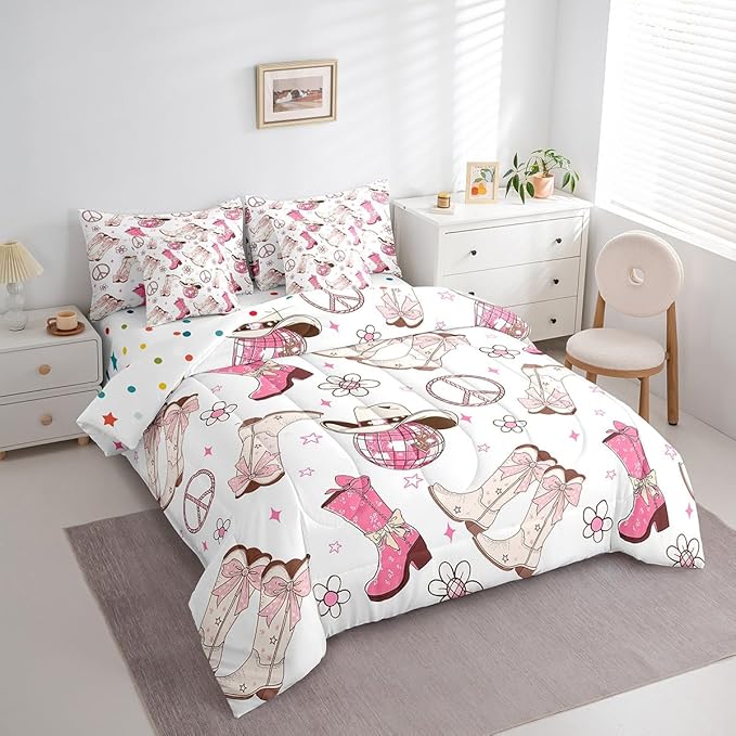 Feelyou Western Cowboy Comforter Set with Sheets Twin Size Kids Pink West Cowgirl 7 Pieces Bedding Set for Boys Girls Teens Rodeo Horseshoe Bed in a Bag Grunge Design Bed Set Floral Lamp Ball