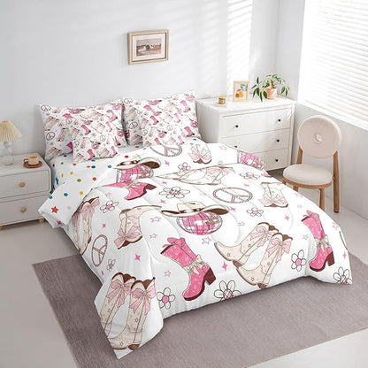 Feelyou Western Cowboy Comforter Set with Sheets Full Size Kids Pink West Cowgirl 7 Pieces Bedding Set for Boys Girls Teens Rodeo Horseshoe Bed in a Bag Grunge Design Bed Set Floral Lamp Ball