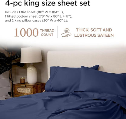 Threadmill American Supima King Size Cotton Sheets, 1000 Thread Count, 4 Piece Luxury Bed Sheets for King Mattress, 5 Star Hotel Quality Sheets with Elasticized Extra Deep Pocket, Folkstone Blue